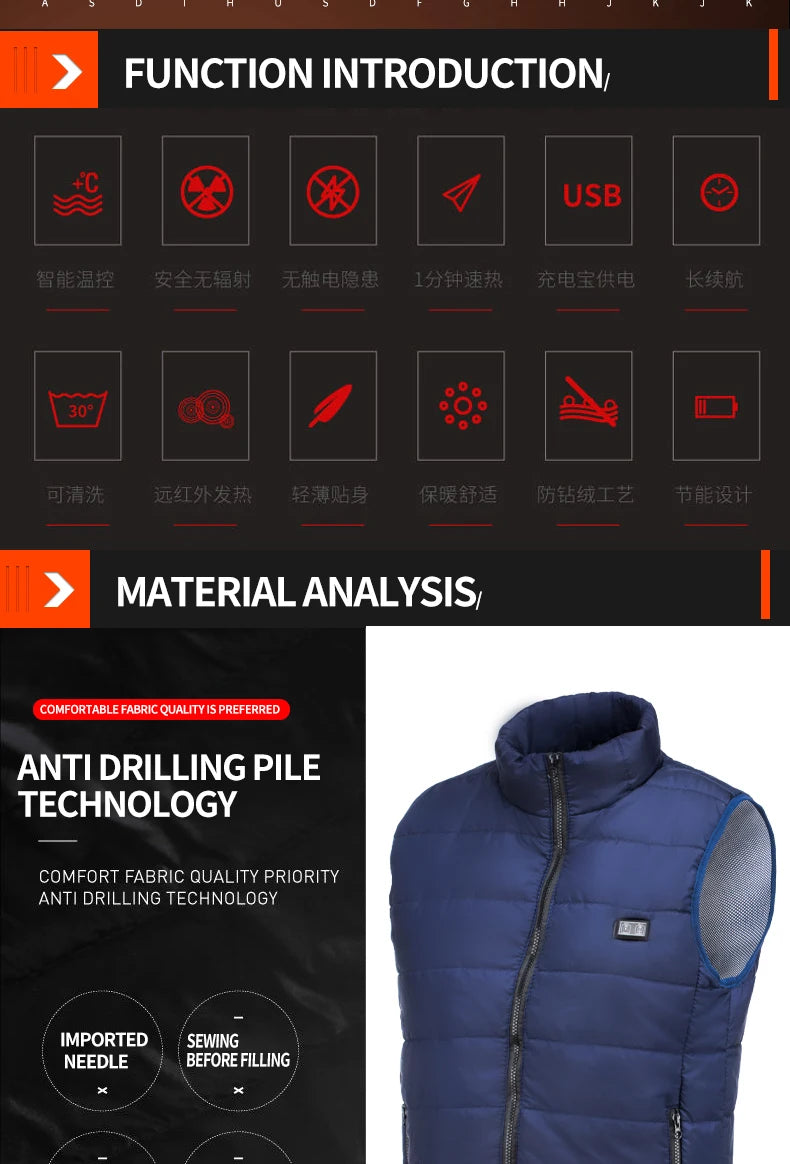 Veste chauffante USB en graphène pour homme et femme, manteau électrique, 9 vitrines métropolitaines, Sportedly, camping