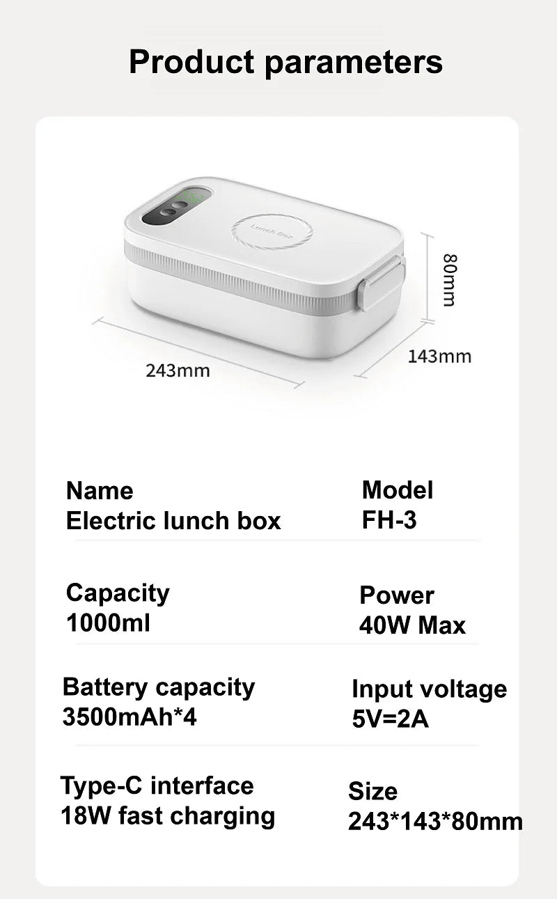 Boîte à Lunch Électrique Sans Fil 40W – Chauffe-Repas Rapide 1000 ml