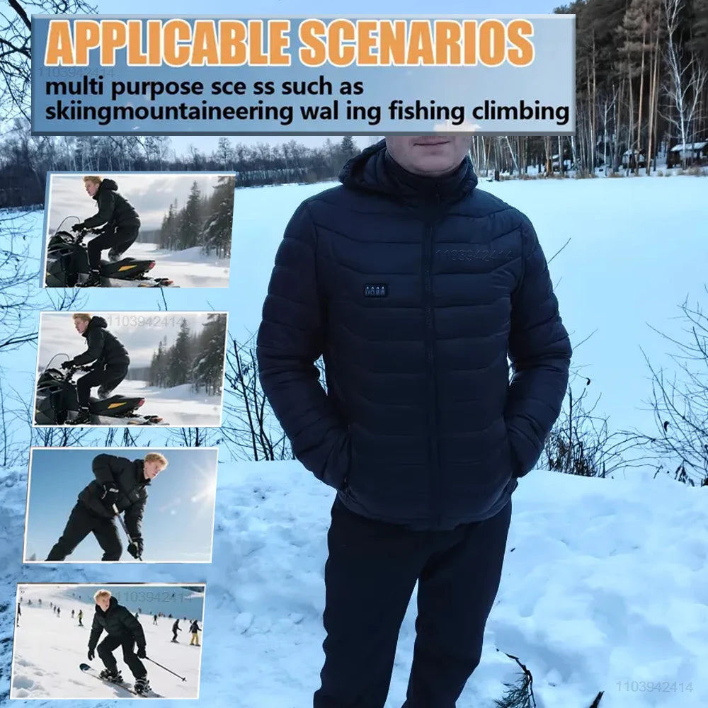 Doudoune Chauffante USB 9/21 Zones – Unisexe, Capuche Amovible – Idéale pour Hiver, Ski & Camping