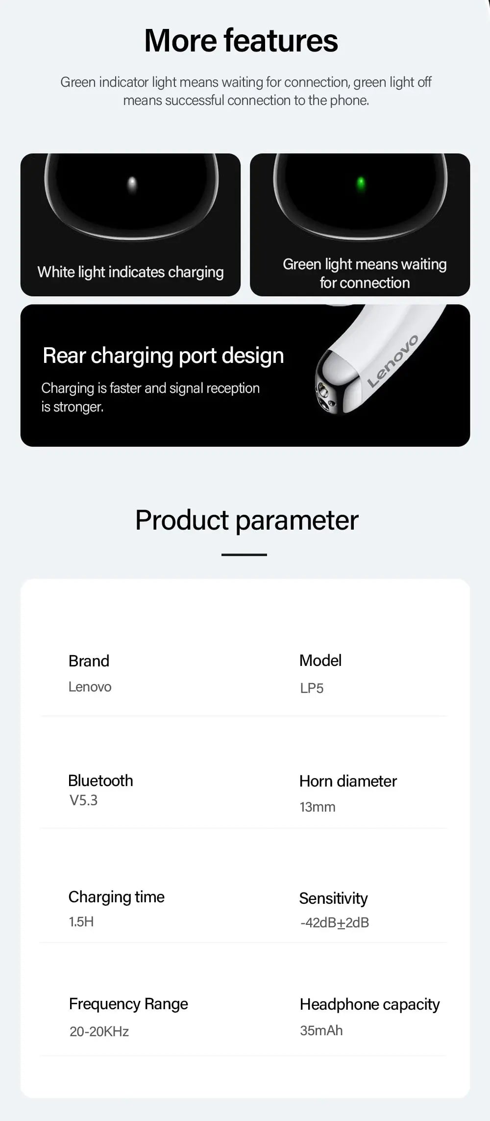 Lenovo LP5 Bluetooth-oordopjes – TWS draadloos, HiFi-stereo, waterdicht, sport, ingebouwde microfoon – nieuwe in-ear hoofdtelefoon 