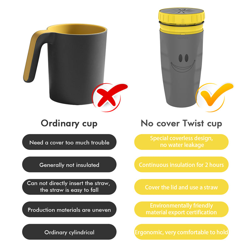 Gobelet de voyage sans couvercle avec système de torsion, double isolation, bouteille d’eau portable avec paille intégrée. Tasse anti-renversement idéale pour enfants et adultes.